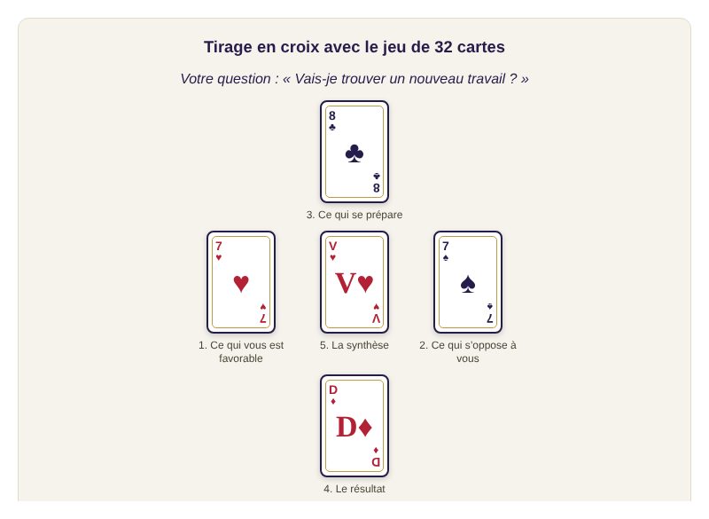 Exemple de résultat du tirage en croix 32 cartes en ligne